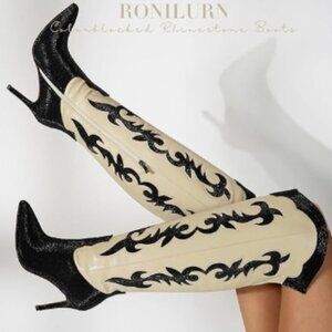 Sexy Knee-High Tall Cowgirl Western Boots Rhinestone Stiletto Heel Boots Size 7